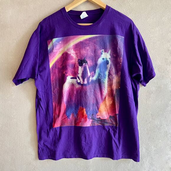 Cosmic Cat Riding Llama T-Shirt Purple Space Rainbow Funny Meme Graphic Tee - Picture 1 of 2